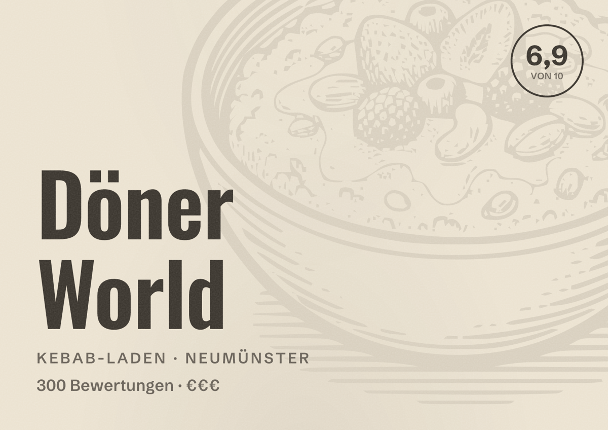 Illustriertes Poster von Döner World, Kebab-Laden in Neumünster: Bewertung 6,9 von 10 aus 300 Bewertungen, Preisniveau €€€