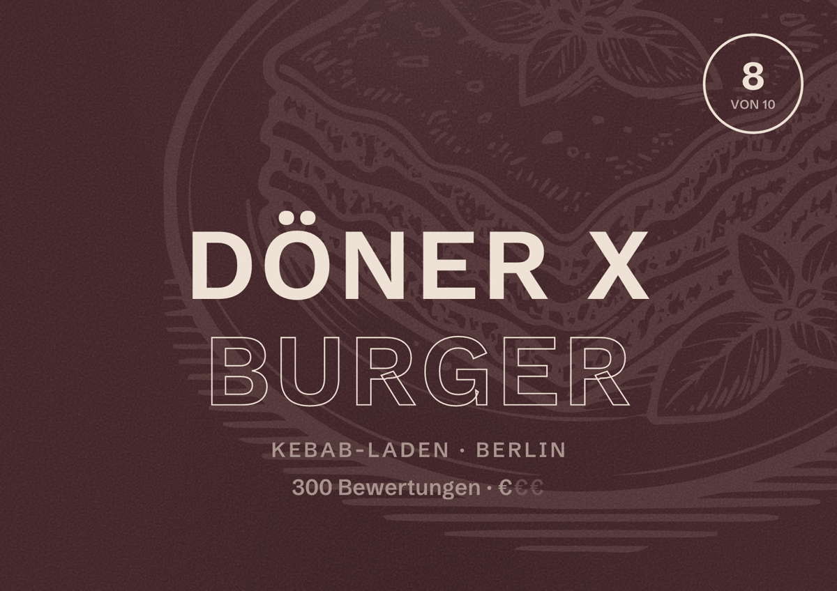 Illustriertes Poster von Döner x Burger, Kebab-Laden in Berlin: Bewertung 8,0 von 10 aus 300 Bewertungen, Preisniveau €