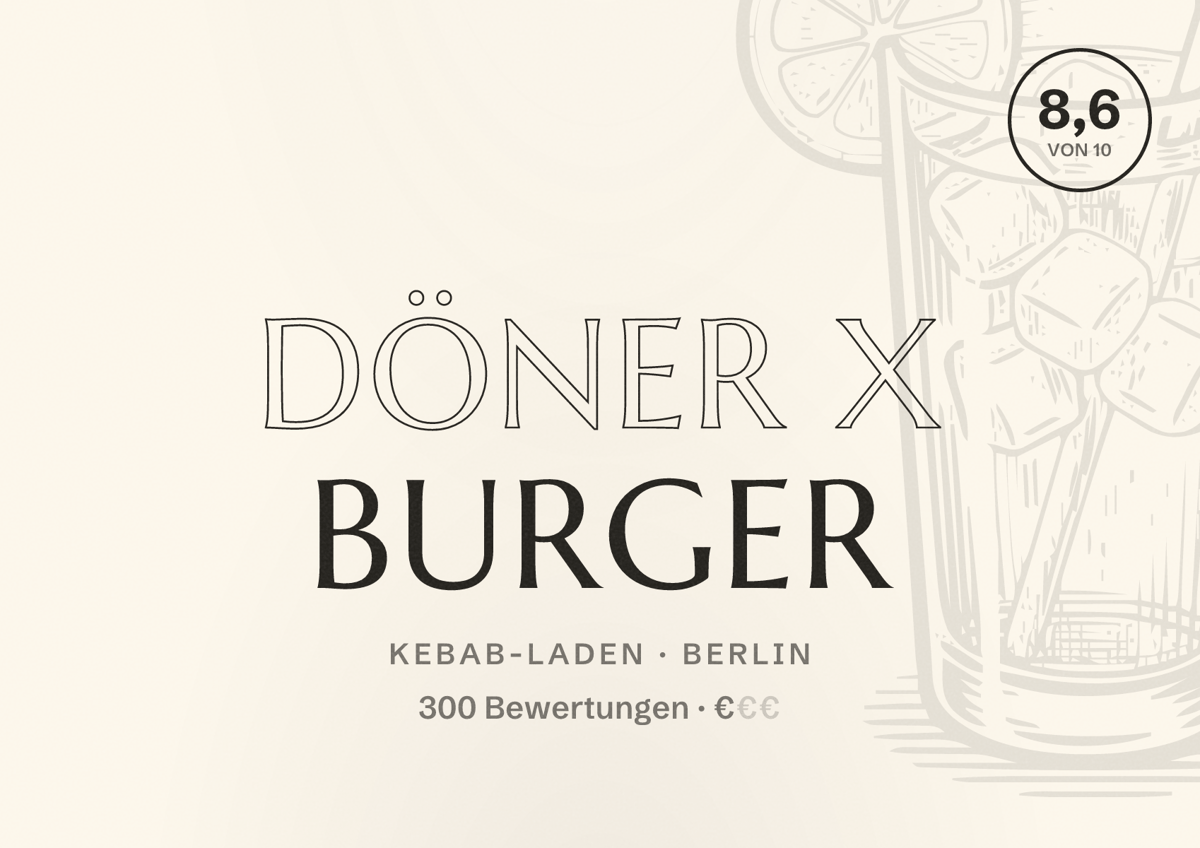 Illustriertes Poster von Döner X Burger, Kebab-Laden in Berlin: Bewertung 8,6 von 10 aus 300 Bewertungen, Preisniveau €
