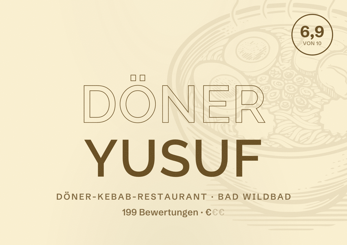 Illustriertes Poster von Döner Yusuf, Döner-Kebab-Restaurant in Bad Wildbad: Bewertung 6,9 von 10 aus 199 Bewertungen, Preisniveau €