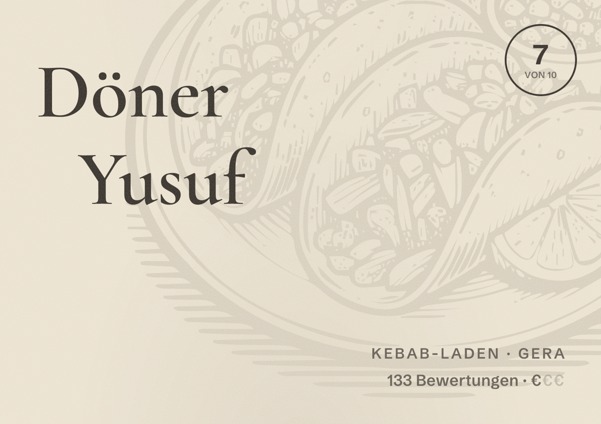 Illustriertes Poster von Döner Yusuf, Kebab-Laden in Gera: Bewertung 7 von 10 aus 133 Bewertungen, Preisniveau €