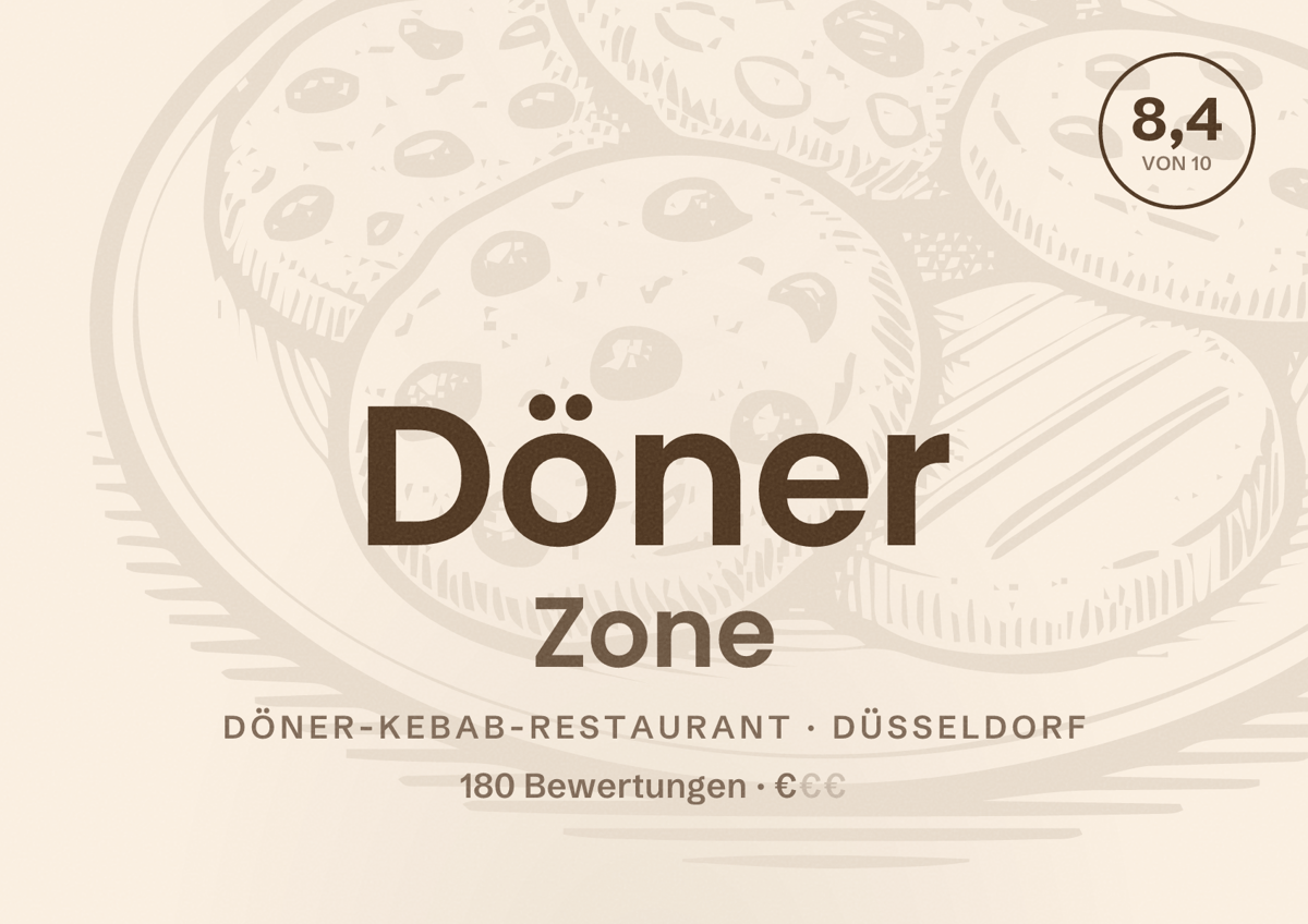 Illustriertes Poster von Döner Zone, Döner-Kebab-Restaurant in Düsseldorf: Bewertung 8,4 von 10 aus 180 Bewertungen, Preisniveau €