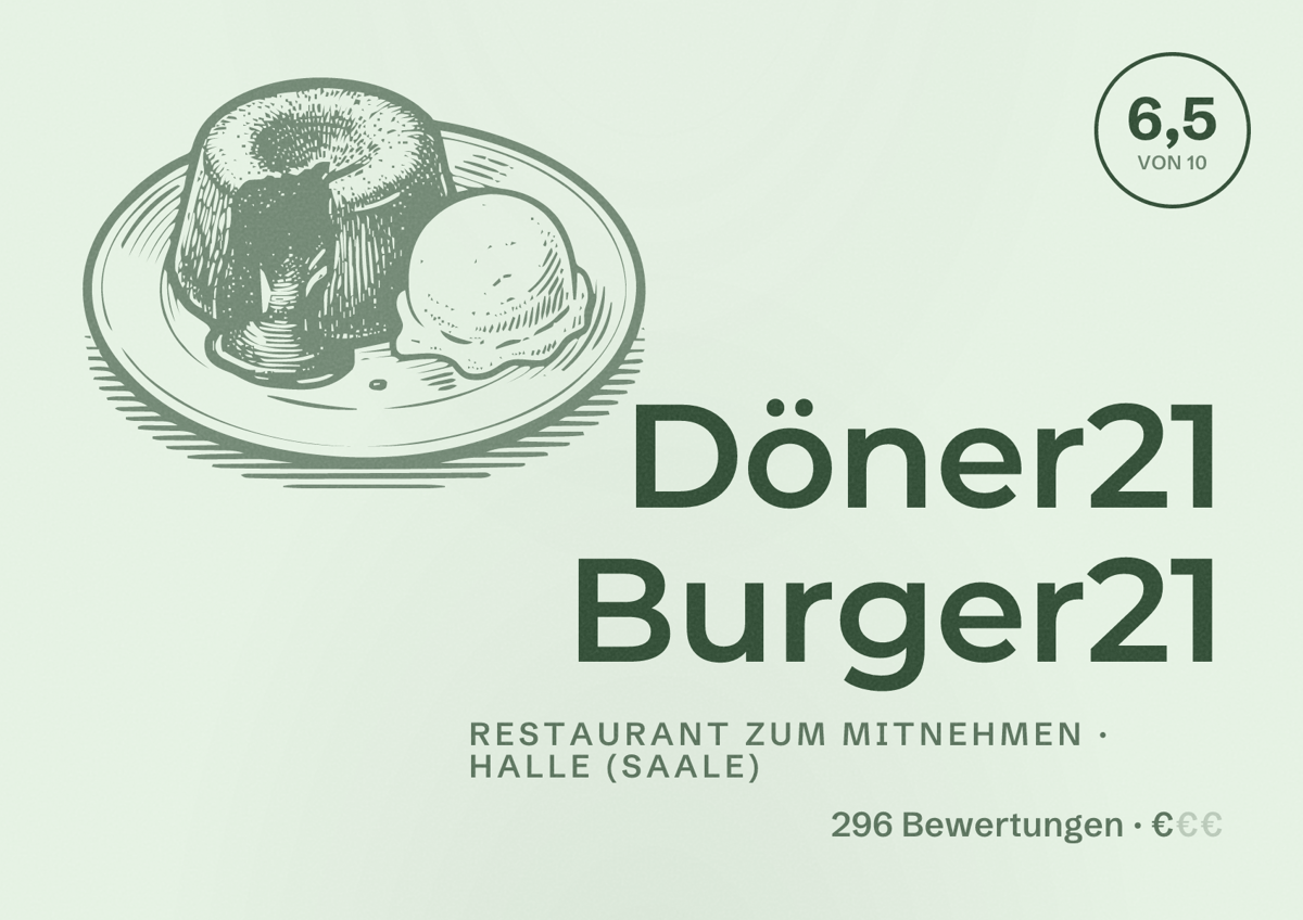 Illustriertes Poster von Döner21 Burger21, Restaurant zum Mitnehmen in Halle (Saale): Bewertung 6,5 von 10 aus 296 Bewertungen, Preisniveau €