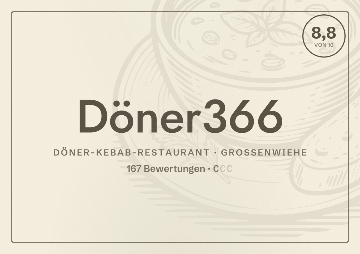 Illustriertes Poster von Döner366, Döner-Kebab-Restaurant in Großenwiehe: Bewertung 8,8 von 10 aus 167 Bewertungen, Preisniveau €