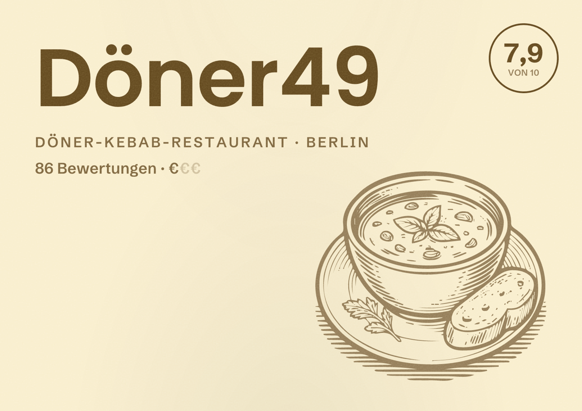 Illustriertes Poster von Döner49, Döner-Kebab-Restaurant in Berlin: Bewertung 7,9 von 10 aus 86 Bewertungen, Preisniveau €