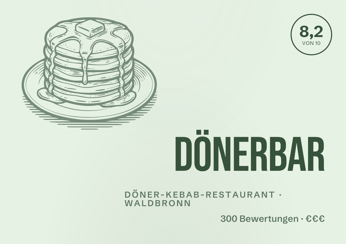 Illustriertes Poster von Dönerbar, Döner-Kebab-Restaurant in Waldbronn: Bewertung 8,2 von 10 aus 300 Bewertungen, Preisniveau €€€