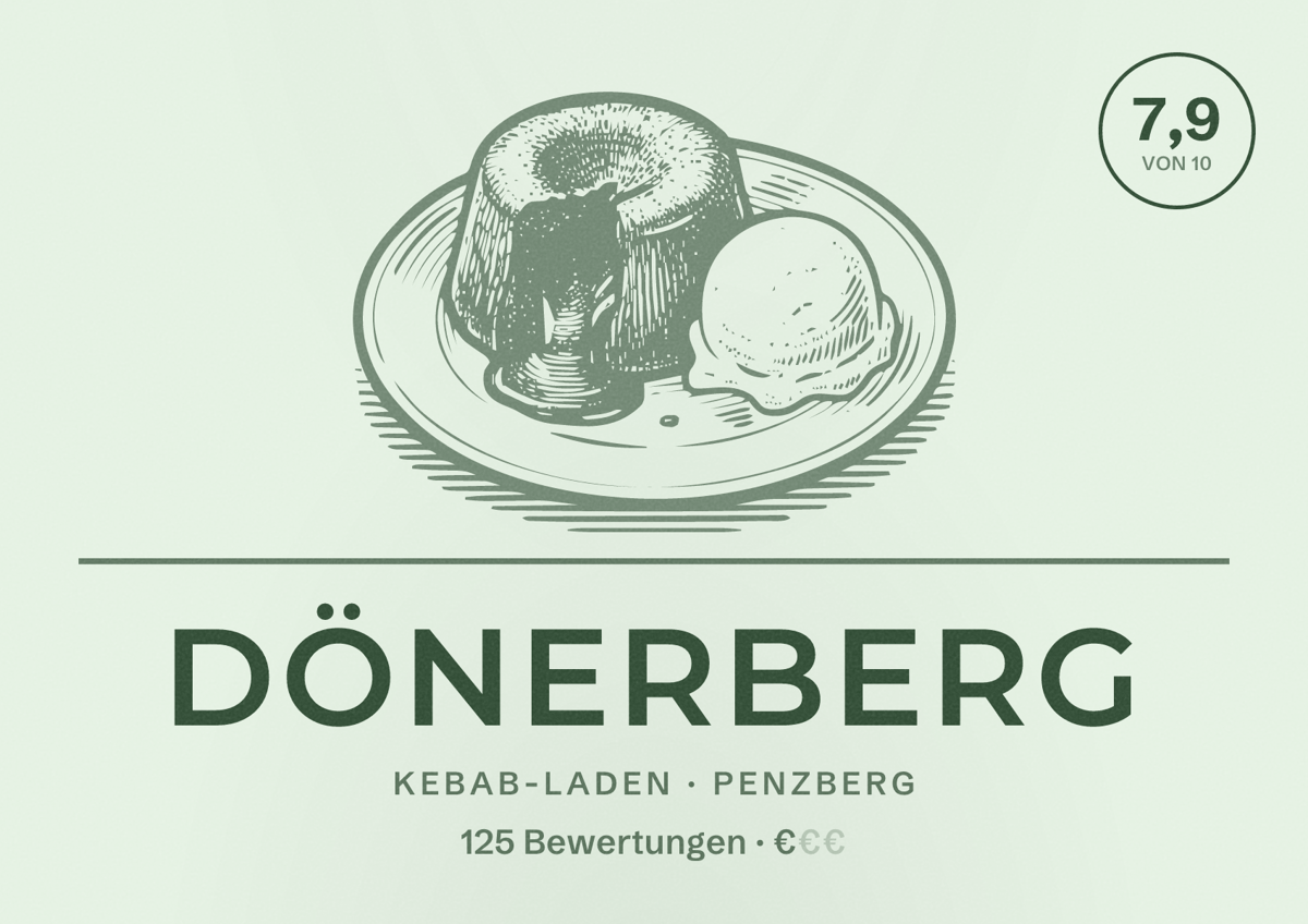 Illustriertes Poster von Dönerberg, Kebab-Laden in Penzberg: Bewertung 7,9 von 10 aus 125 Bewertungen, Preisniveau €
