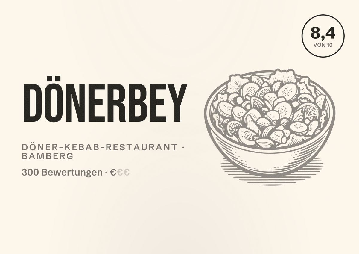 Illustriertes Poster von Dönerbey, Döner-Kebab-Restaurant in Bamberg: Bewertung 8,4 von 10 aus 300 Bewertungen, Preisniveau €