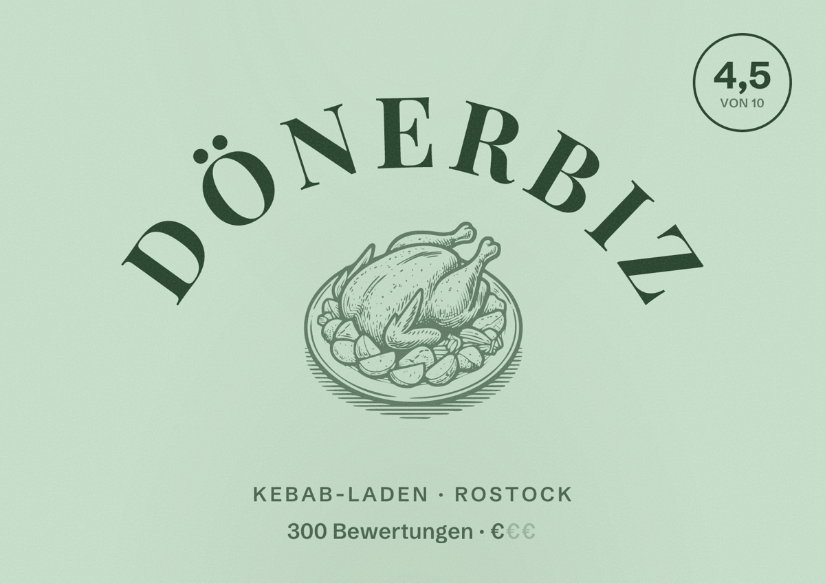 Illustriertes Poster von dönerbiz, Kebab-Laden in Rostock: Bewertung 4,5 von 10 aus 300 Bewertungen, Preisniveau €