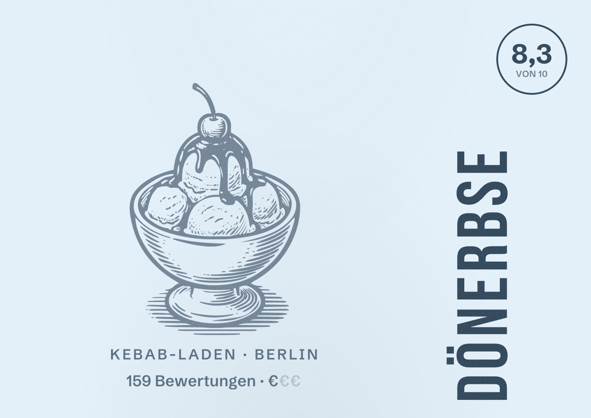 Illustriertes Poster von Dönerbse, Kebab-Laden in Berlin: Bewertung 8,3 von 10 aus 159 Bewertungen, Preisniveau €