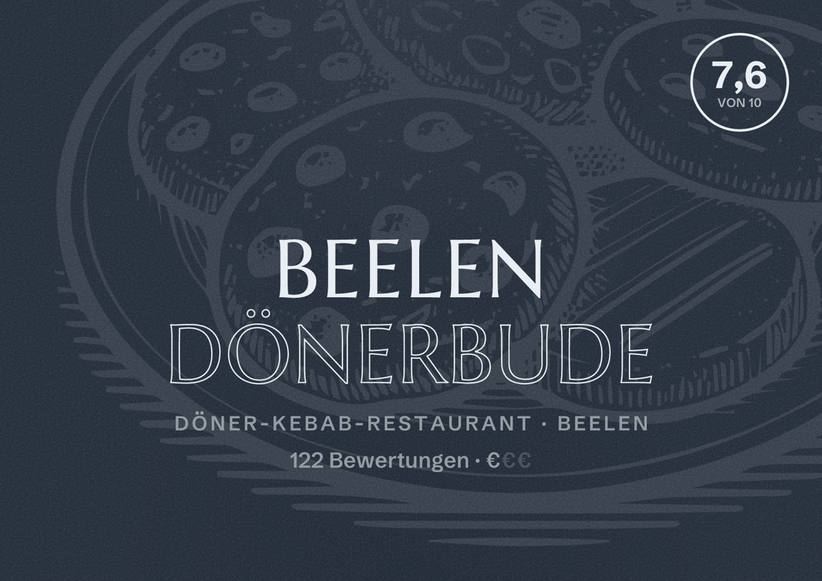 Illustriertes Poster von Beelen Dönerbude, Döner-Kebab-Restaurant in Beelen: Bewertung 7,6 von 10 aus 122 Bewertungen, Preisniveau €