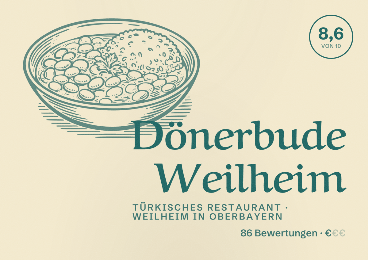 Illustriertes Poster von Dönerbude Weilheim, Türkisches Restaurant in Weilheim in Oberbayern: Bewertung 8,6 von 10 aus 86 Bewertungen, Preisniveau €
