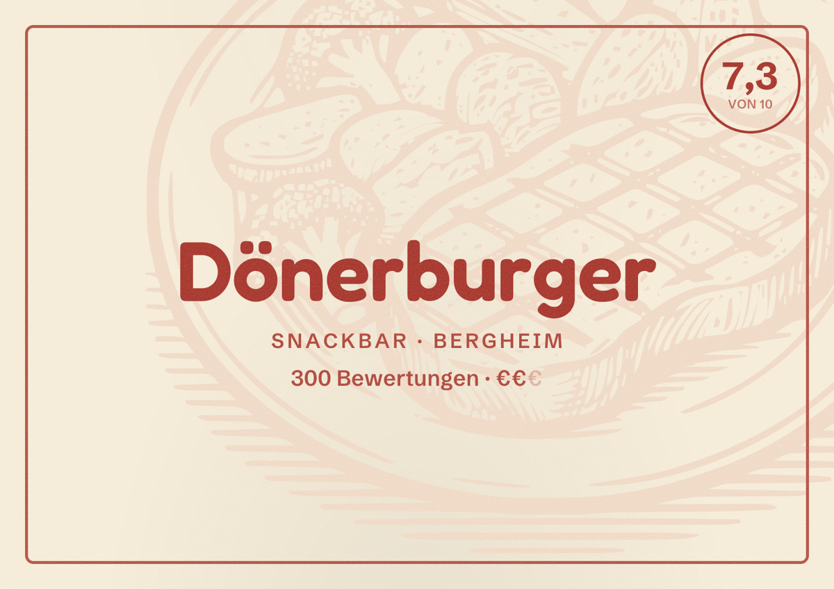 Illustriertes Poster von Dönerburger, Snackbar in Bergheim: Bewertung 7,3 von 10 aus 300 Bewertungen, Preisniveau €€