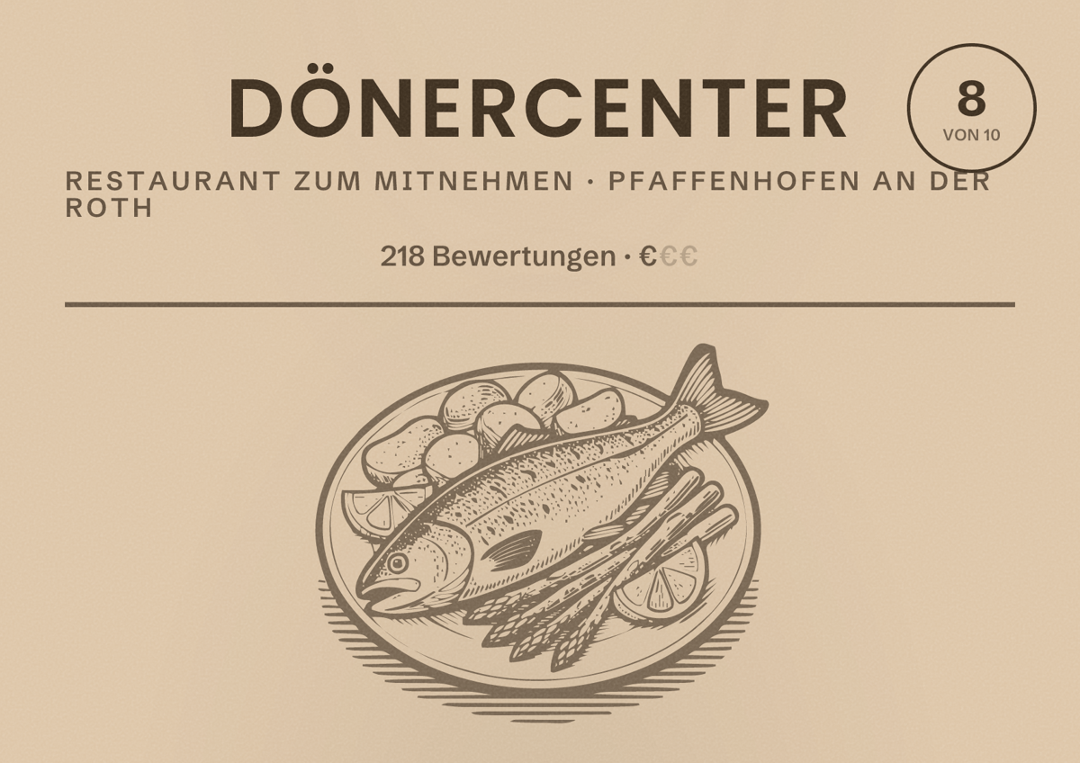 Illustriertes Poster von DönerCenter, Restaurant zum Mitnehmen in Pfaffenhofen an der Roth: Bewertung 8 von 10 aus 218 Bewertungen, Preisniveau €