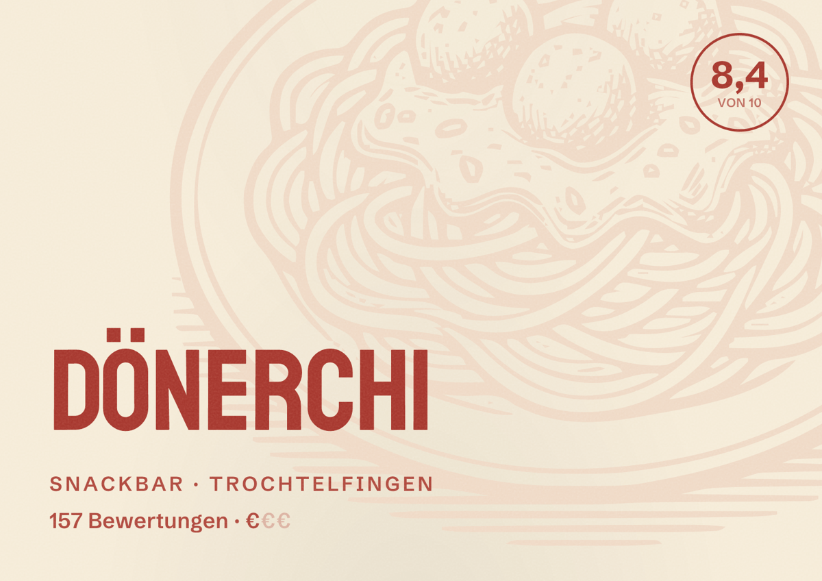 Illustriertes Poster von Dönerchi, Snackbar in Trochtelfingen: Bewertung 8,4 von 10 aus 157 Bewertungen, Preisniveau €