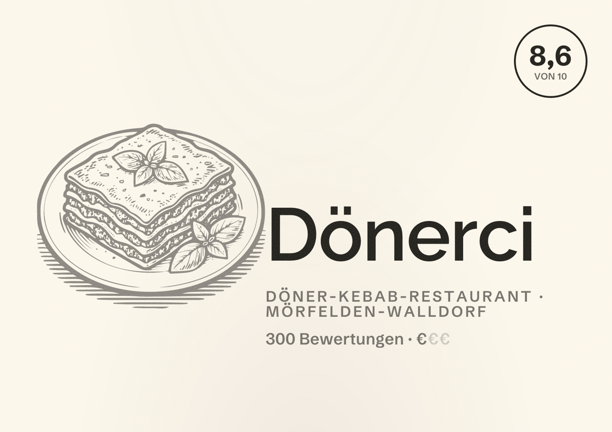 Illustriertes Poster von Dönerci, Döner-Kebab-Restaurant in Mörfelden-Walldorf: Bewertung 8,6 von 10 aus 300 Bewertungen, Preisniveau €