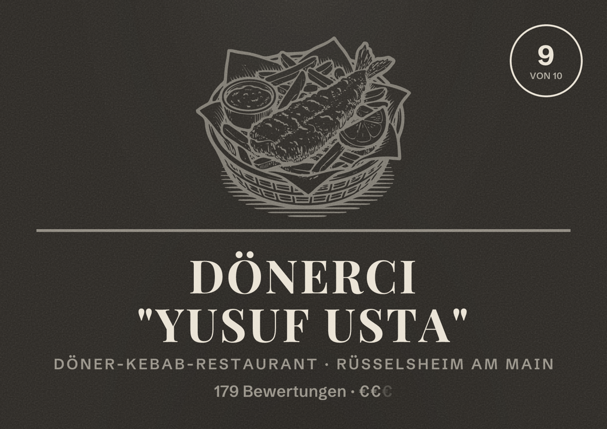 Illustriertes Poster von Dönerci "Yusuf Usta", Döner-Kebab-Restaurant in Rüsselsheim am Main: Bewertung 9 von 10 aus 179 Bewertungen, Preisniveau €€
