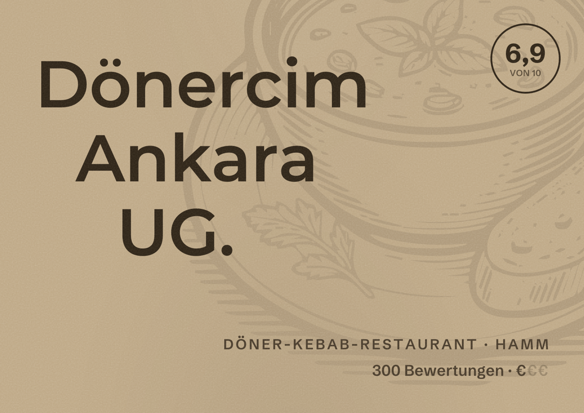 Illustriertes Poster von Dönercim Ankara UG., Döner-Kebab-Restaurant in Hamm: Bewertung 6,9 von 10 aus 300 Bewertungen, Preisniveau €
