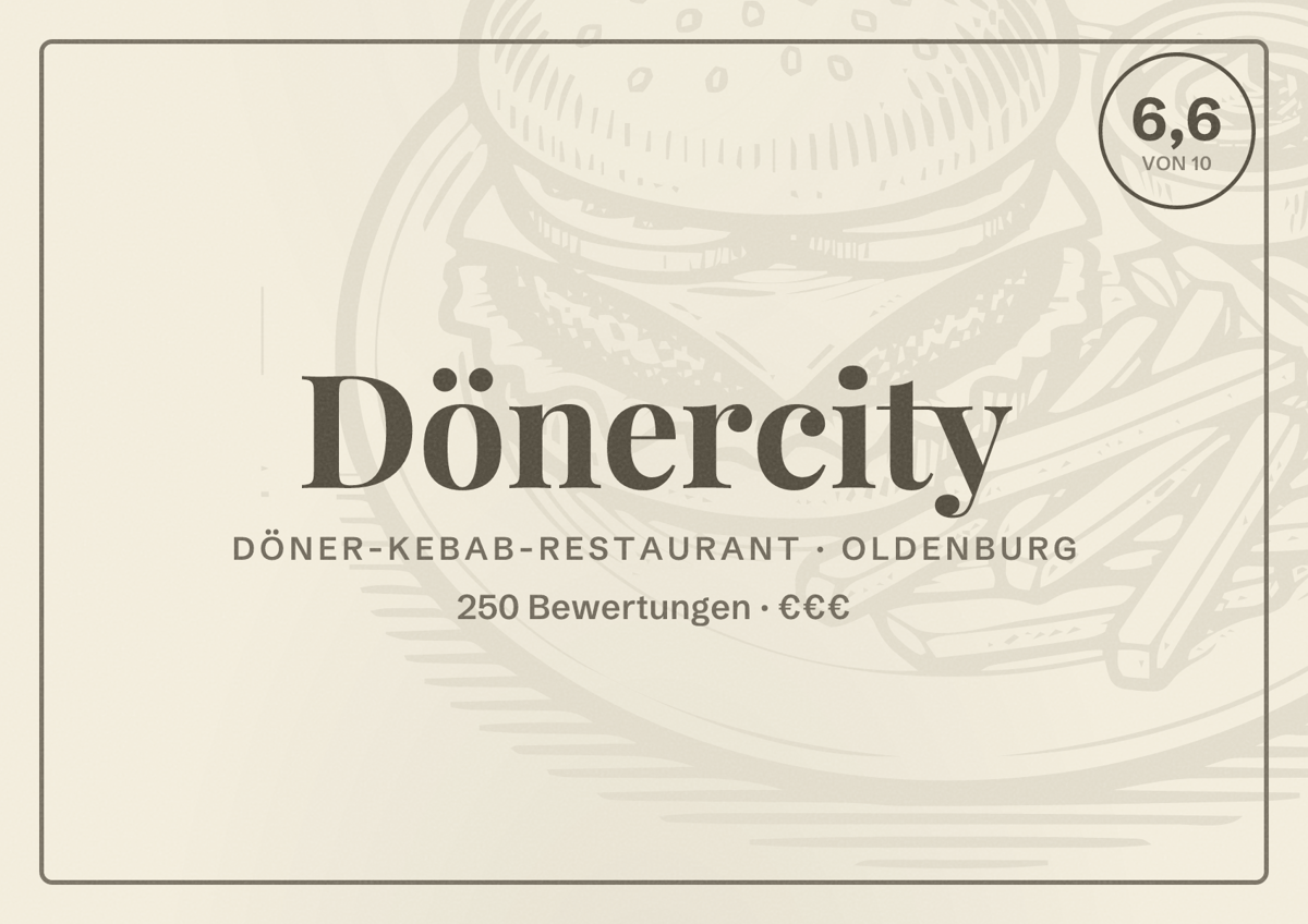 Illustriertes Poster von Dönercity, Döner-Kebab-Restaurant in Oldenburg: Bewertung 6,6 von 10 aus 250 Bewertungen, Preisniveau €€€