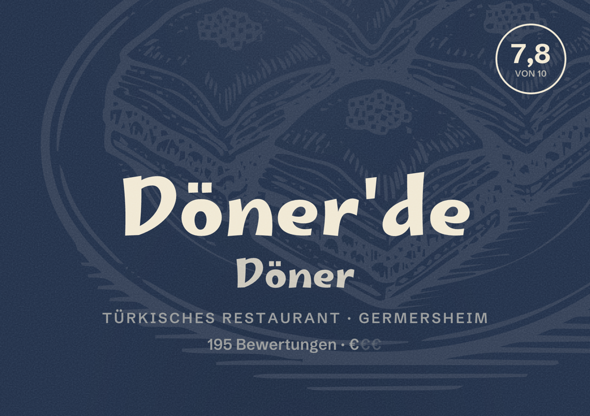 Illustriertes Poster von Döner'de Döner, Türkisches Restaurant in Germersheim: Bewertung 7,8 von 10 aus 195 Bewertungen, Preisniveau €