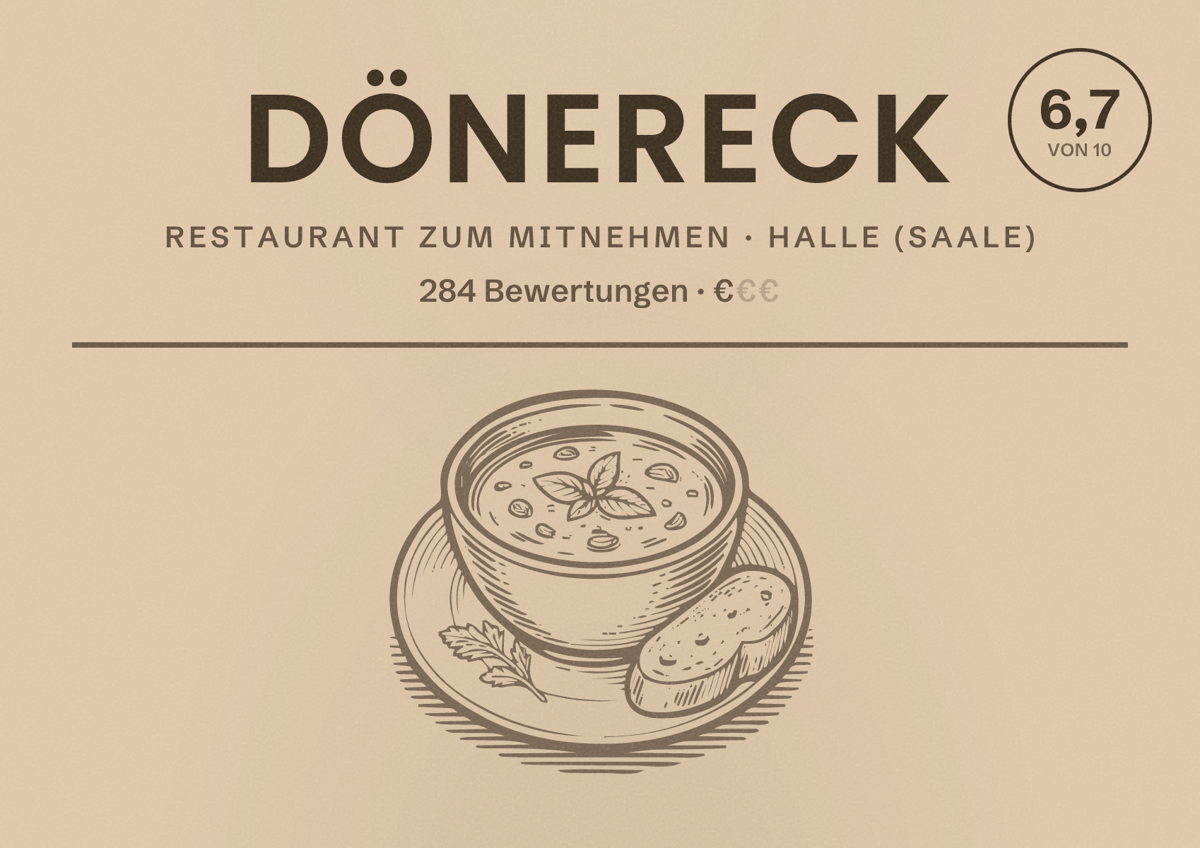 Illustriertes Poster von Dönereck, Restaurant zum Mitnehmen in Halle (Saale): Bewertung 6,7 von 10 aus 284 Bewertungen, Preisniveau €