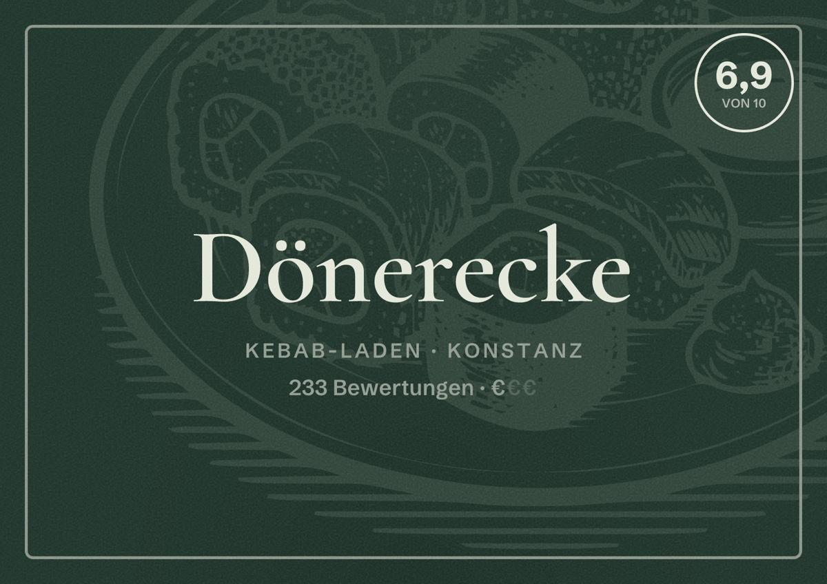 Illustriertes Poster von Dönerecke, Kebab-Laden in Konstanz: Bewertung 6,9 von 10 aus 233 Bewertungen, Preisniveau €
