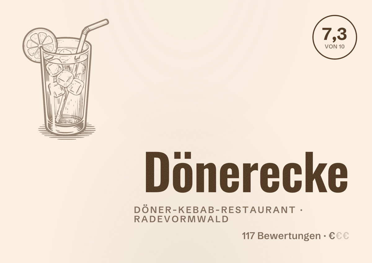 Illustriertes Poster von Dönerecke, Döner-Kebab-Restaurant in Radevormwald: Bewertung 7,3 von 10 aus 117 Bewertungen, Preisniveau €