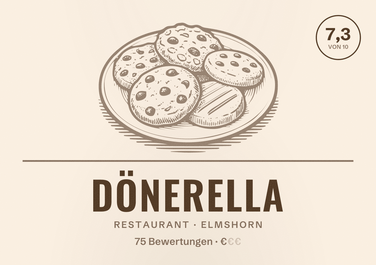 Illustriertes Poster von Dönerella, Restaurant in Elmshorn: Bewertung 7,3 von 10 aus 75 Bewertungen, Preisniveau €
