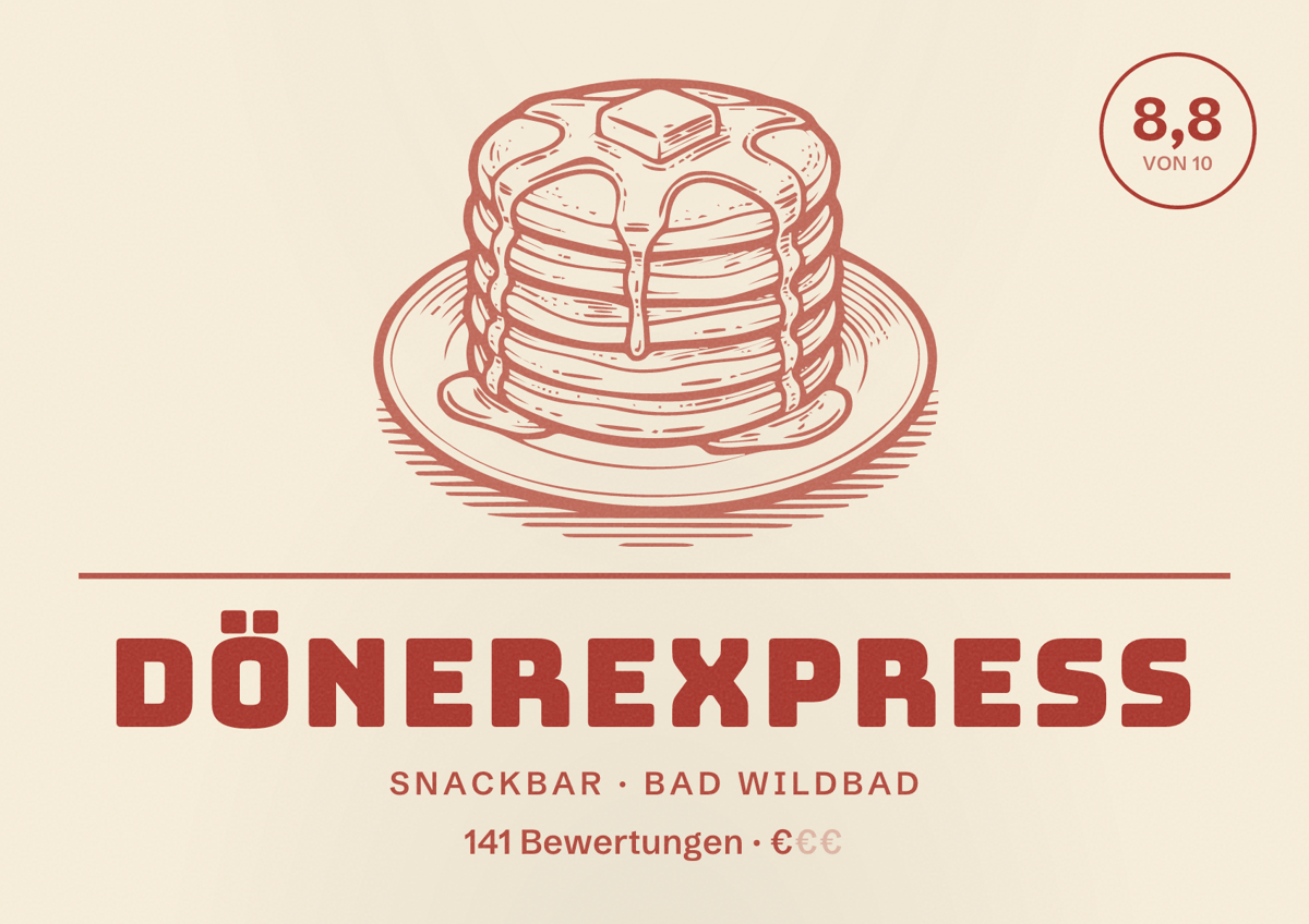 Illustriertes Poster von Dönerexpress, Snackbar in Bad Wildbad: Bewertung 8,8 von 10 aus 141 Bewertungen, Preisniveau €