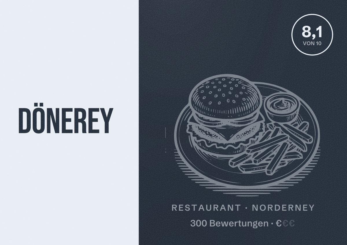 Illustriertes Poster von Dönerey, Restaurant in Norderney: Bewertung 8,1 von 10 aus 300 Bewertungen, Preisniveau €