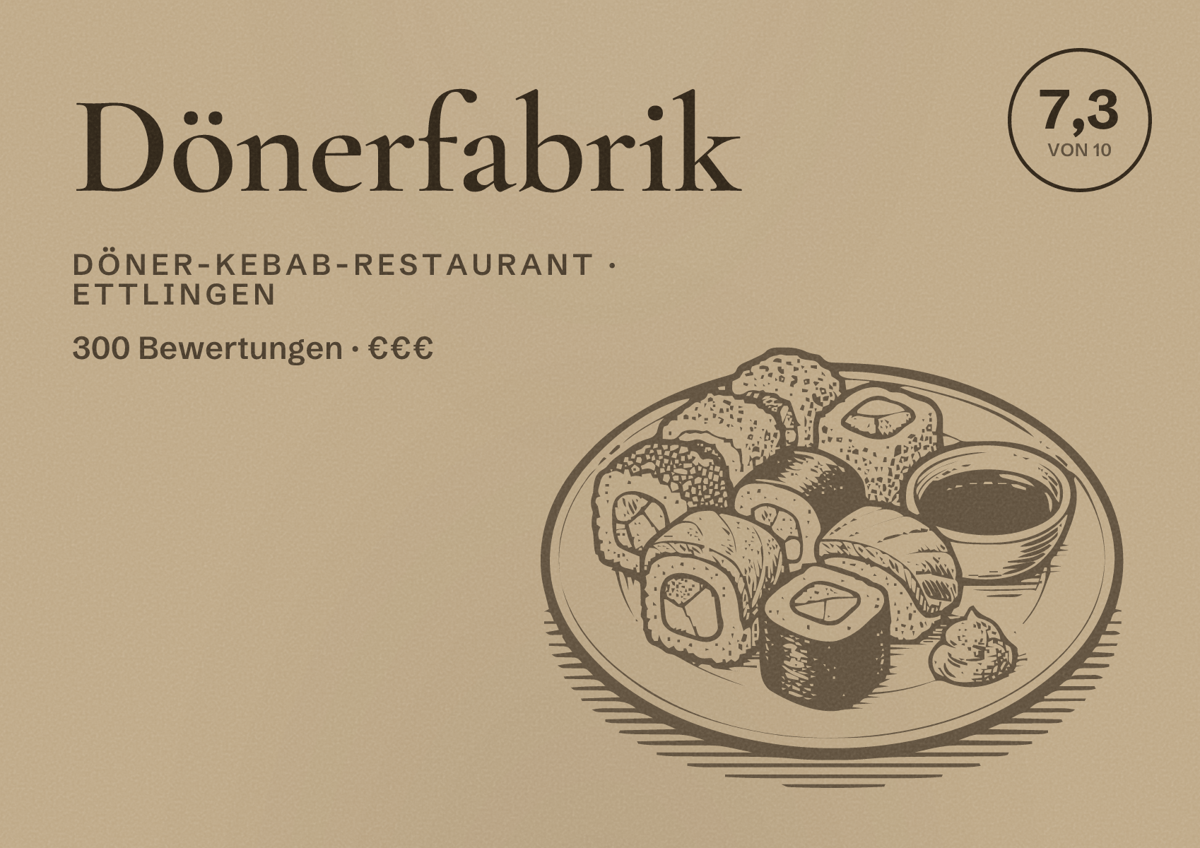 Illustriertes Poster von Dönerfabrik, Döner-Kebab-Restaurant in Ettlingen: Bewertung 7,3 von 10 aus 300 Bewertungen, Preisniveau €€€