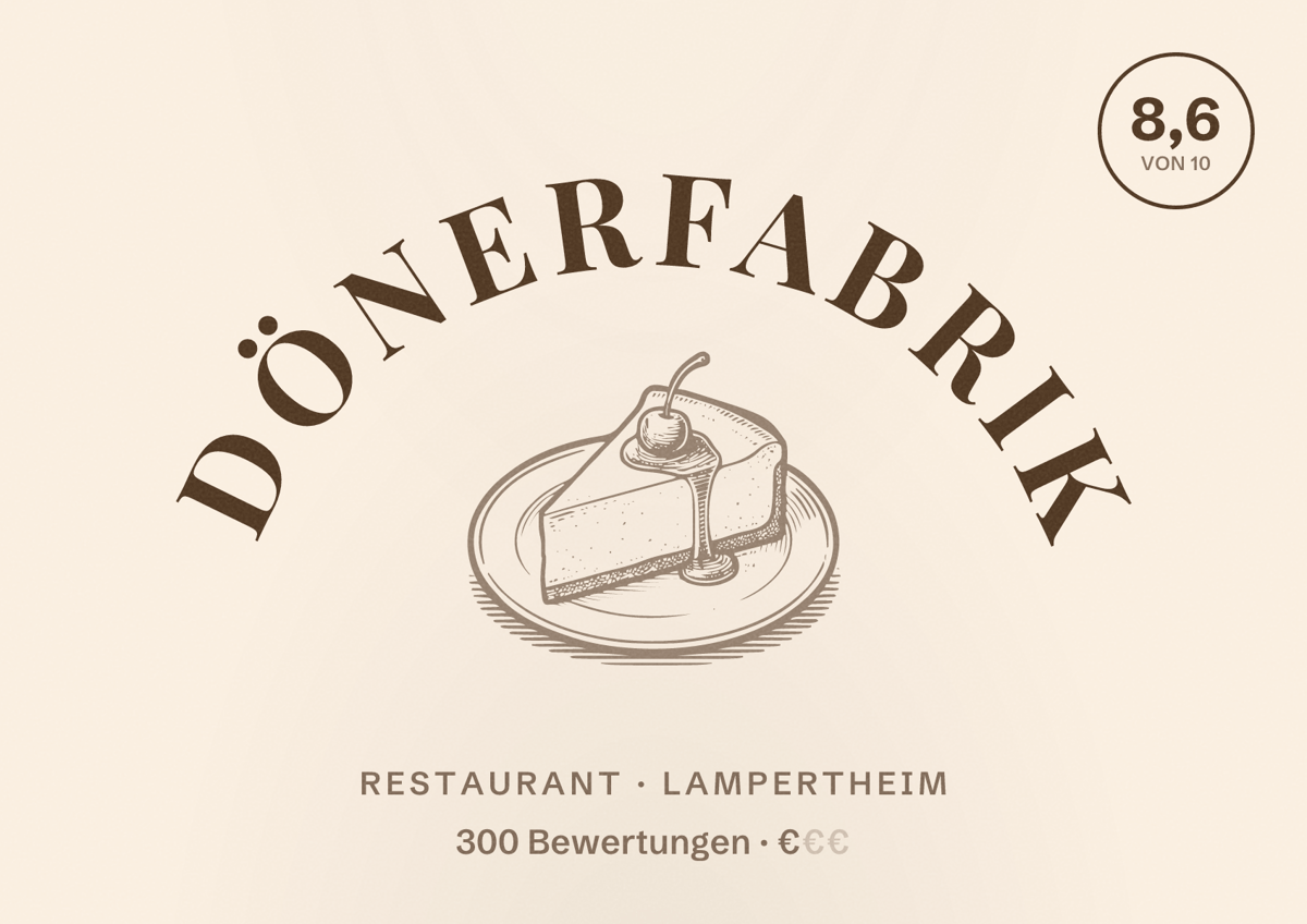Illustriertes Poster von DönerFabrik, Restaurant in Lampertheim: Bewertung 8,6 von 10 aus 300 Bewertungen, Preisniveau €