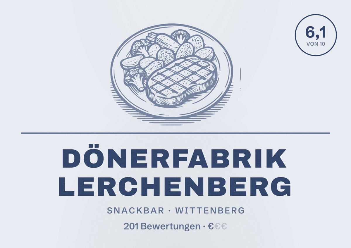 Illustriertes Poster von Dönerfabrik Lerchenberg, Snackbar in Wittenberg: Bewertung 6,1 von 10 aus 201 Bewertungen, Preisniveau €