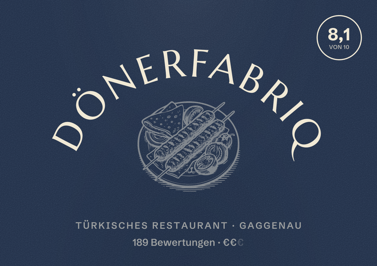 Illustriertes Poster von DönerFabriq, Türkisches Restaurant in Gaggenau: Bewertung 8,1 von 10 aus 189 Bewertungen, Preisniveau €€