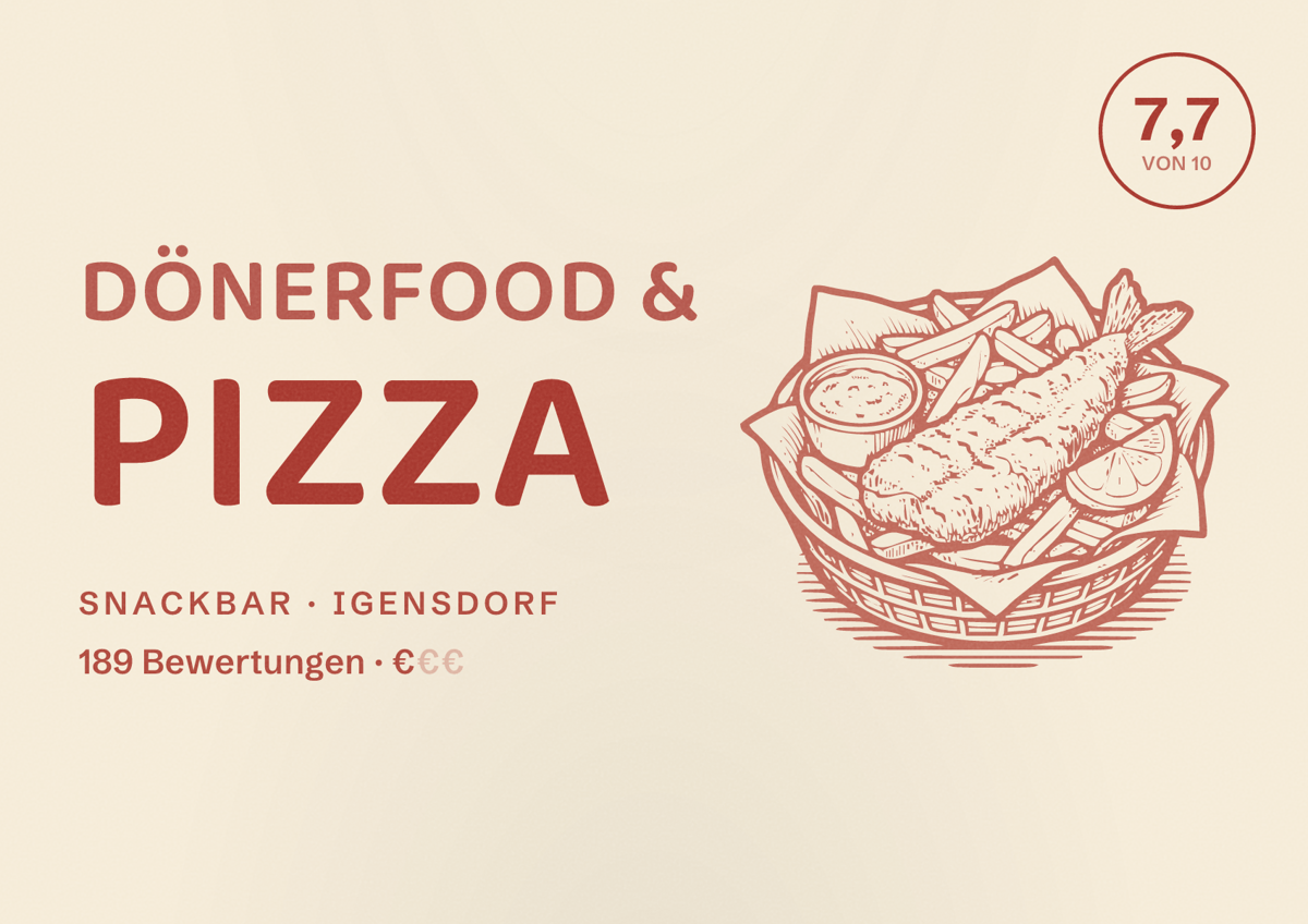 Illustriertes Poster von Dönerfood & Pizza, Snackbar in Igensdorf: Bewertung 7,7 von 10 aus 189 Bewertungen, Preisniveau €