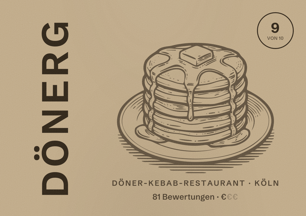 Illustriertes Poster von DönerG, Döner-Kebab-Restaurant in Köln: Bewertung 9,0 von 10 aus 81 Bewertungen, Preisniveau €