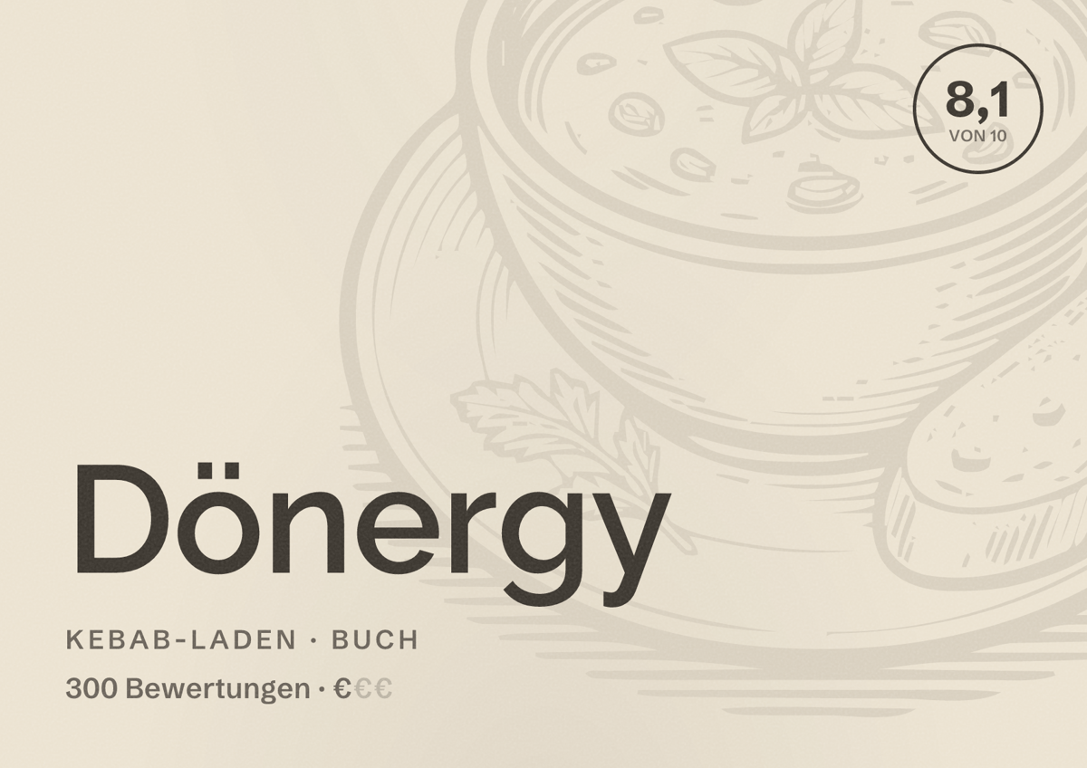 Illustriertes Poster von Dönergy, Kebab-Laden in Buch: Bewertung 8,1 von 10 aus 300 Bewertungen, Preisniveau €