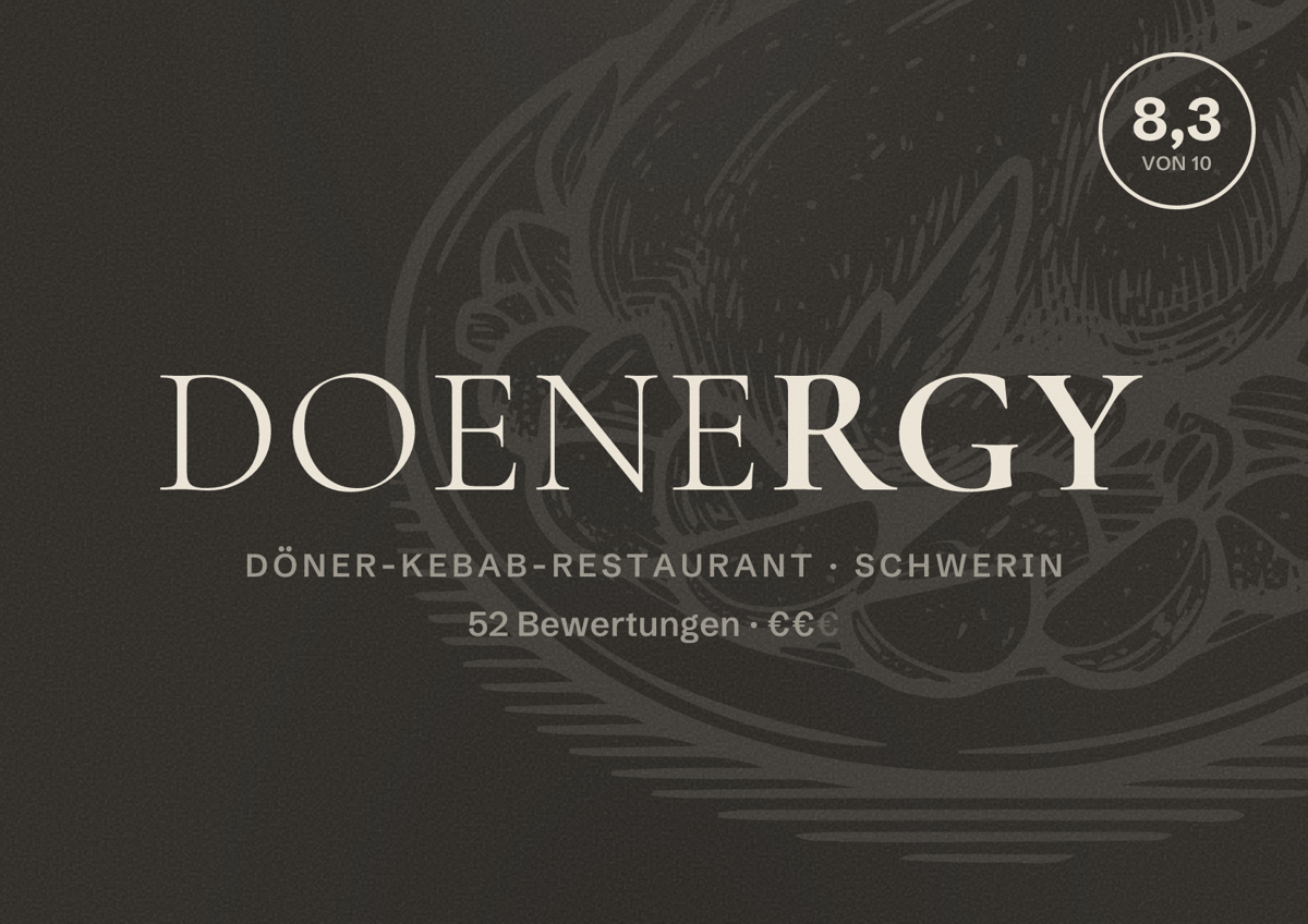 Illustriertes Poster von DOENERGY, Döner-Kebab-Restaurant in Schwerin: Bewertung 8,3 von 10 aus 52 Bewertungen, Preisniveau €€