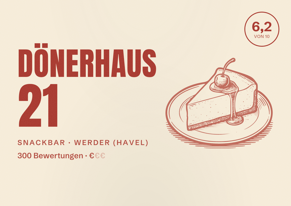 Illustriertes Poster von Dönerhaus 21, Snackbar in Werder (Havel): Bewertung 6,2 von 10 aus 300 Bewertungen, Preisniveau €