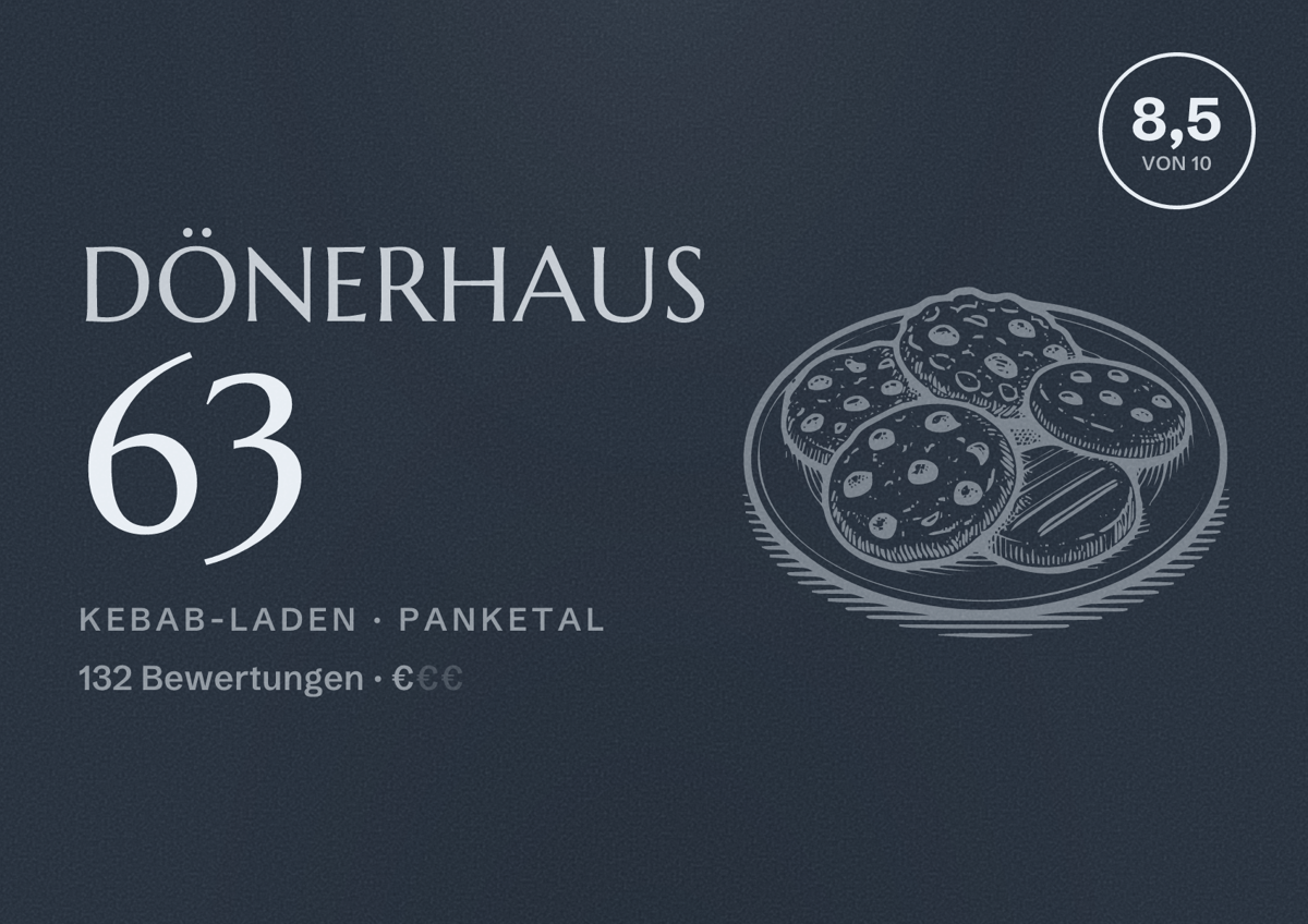 Illustriertes Poster von Dönerhaus 63, Kebab-Laden in Panketal: Bewertung 8,5 von 10 aus 132 Bewertungen, Preisniveau €