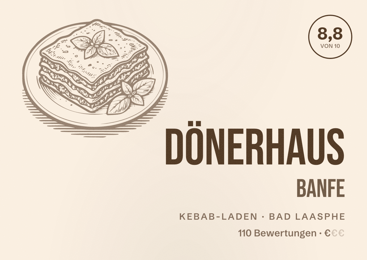 Illustriertes Poster von Dönerhaus Banfe, Kebab-Laden in Bad Laasphe: Bewertung 8,8 von 10 aus 110 Bewertungen, Preisniveau €