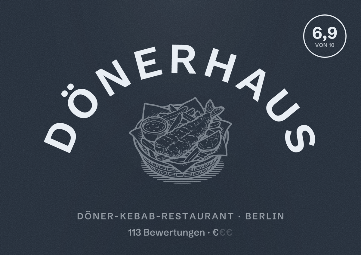 Illustriertes Poster von Dönerhaus, Döner-Kebab-Restaurant in Berlin: Bewertung 6,9 von 10 aus 113 Bewertungen, Preisniveau €