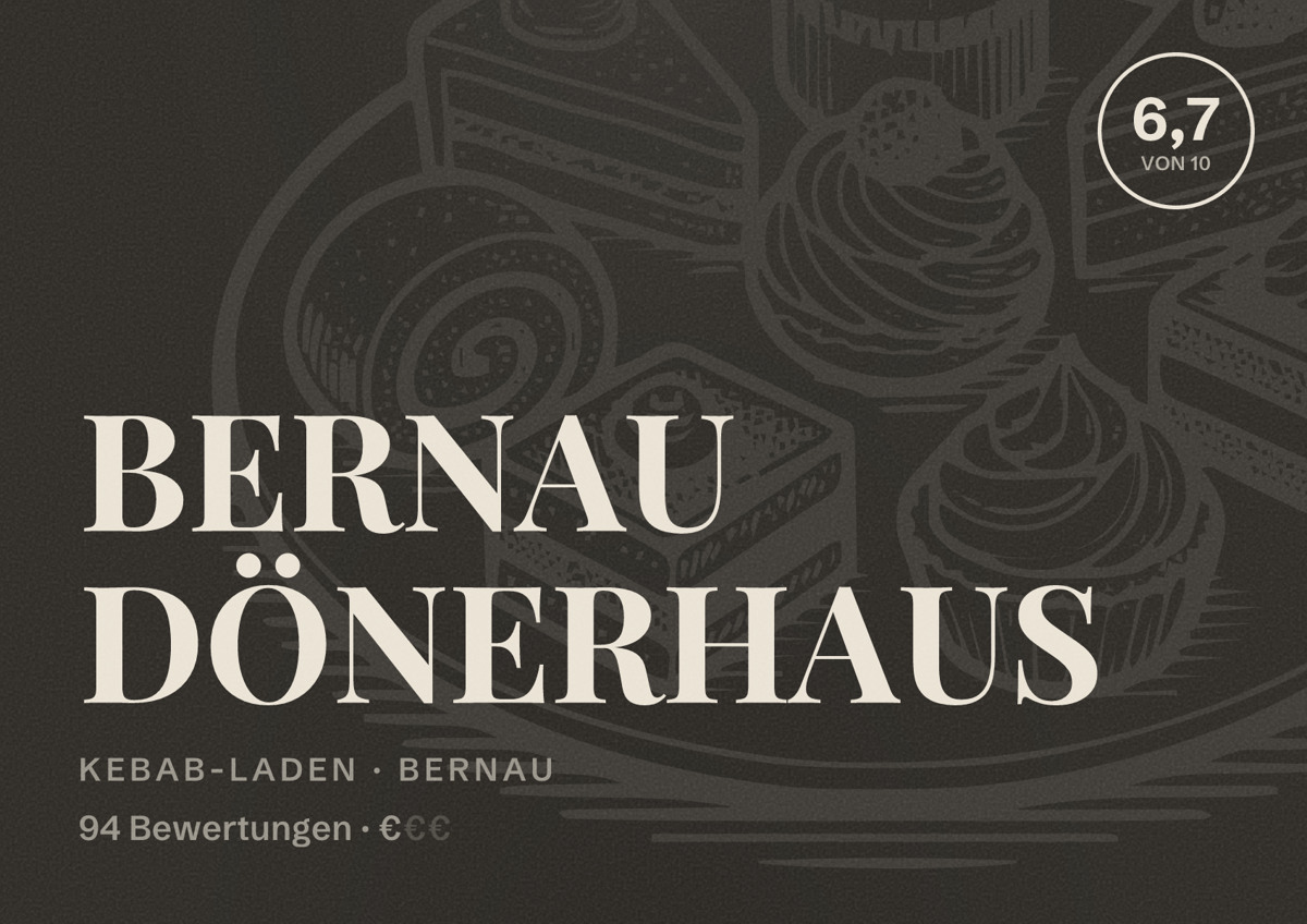 Illustriertes Poster von BERNAU DÖNERHAUS, Kebab-Laden in Bernau: Bewertung 6,7 von 10 aus 94 Bewertungen, Preisniveau €