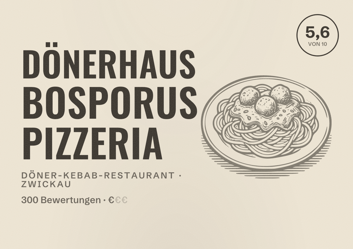 Illustriertes Poster von Dönerhaus BOSPORUS Pizzeria, Döner-Kebab-Restaurant in Zwickau: Bewertung 5,6 von 10 aus 300 Bewertungen, Preisniveau €