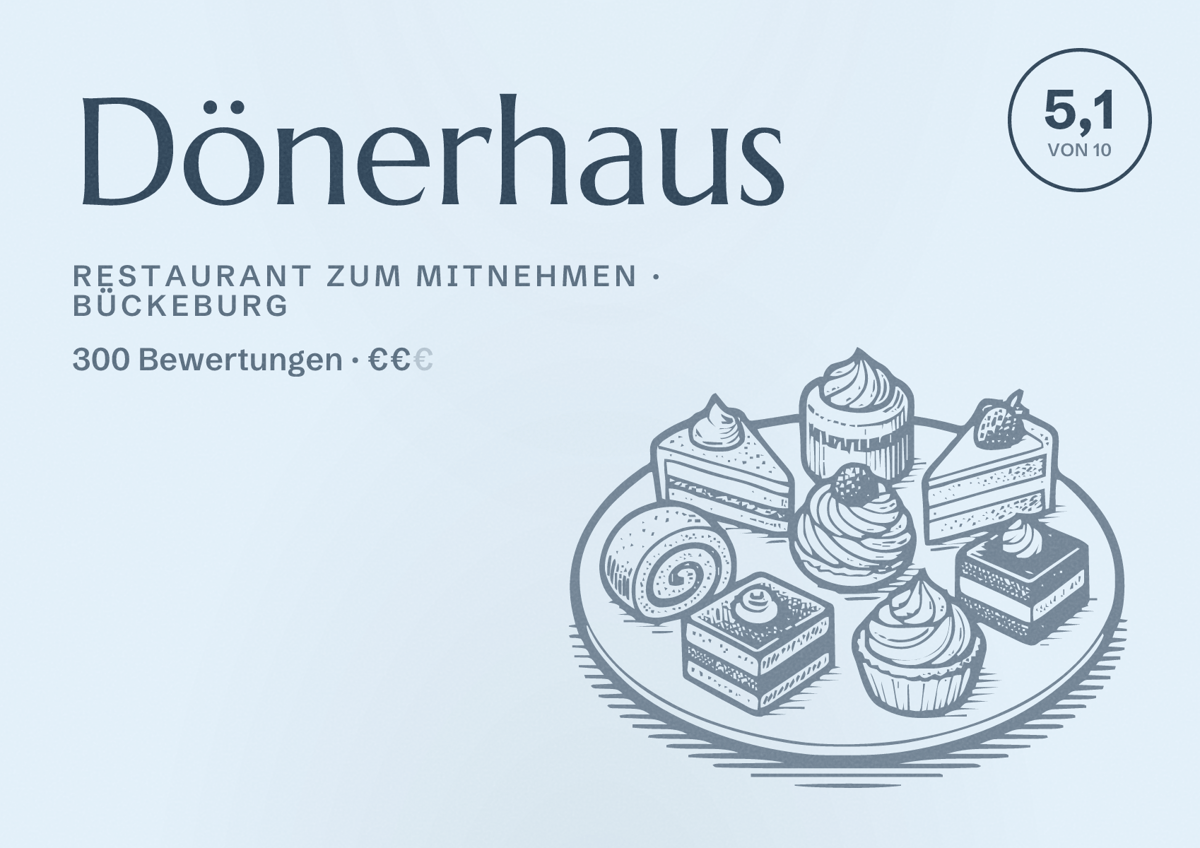 Illustriertes Poster von Dönerhaus, Restaurant zum Mitnehmen in Bückeburg: Bewertung 5,1 von 10 aus 300 Bewertungen, Preisniveau €€