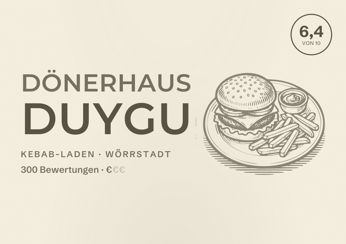 Illustriertes Poster von Dönerhaus Duygu, Kebab-Laden in Wörrstadt: Bewertung 6,4 von 10 aus 300 Bewertungen, Preisniveau €