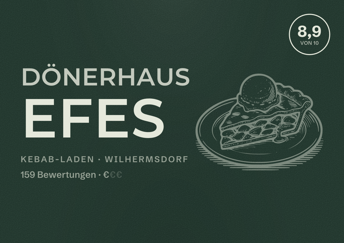 Illustriertes Poster von Dönerhaus EFES, Kebab-Laden in Wilhermsdorf: Bewertung 8,9 von 10 aus 159 Bewertungen, Preisniveau €