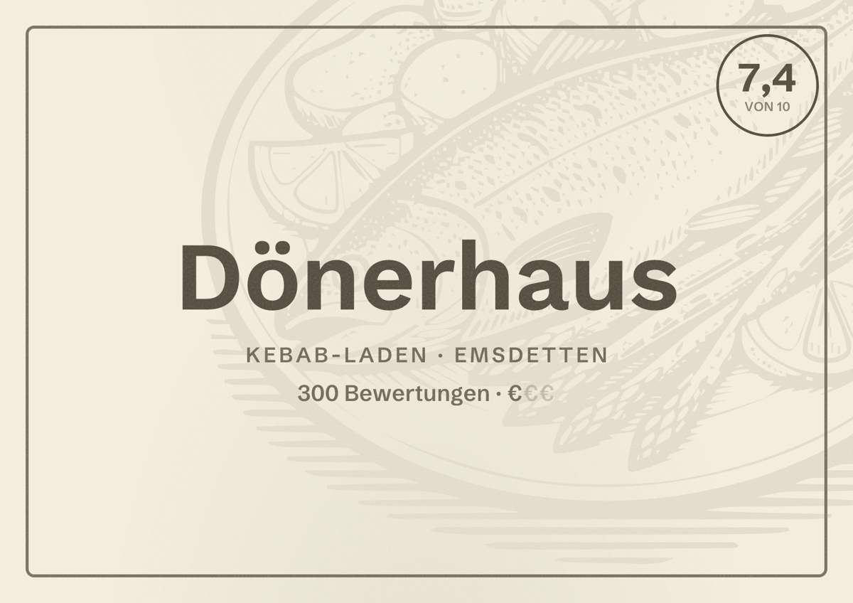 Illustriertes Poster von Dönerhaus, Kebab-Laden in Emsdetten: Bewertung 7,4 von 10 aus 300 Bewertungen, Preisniveau €