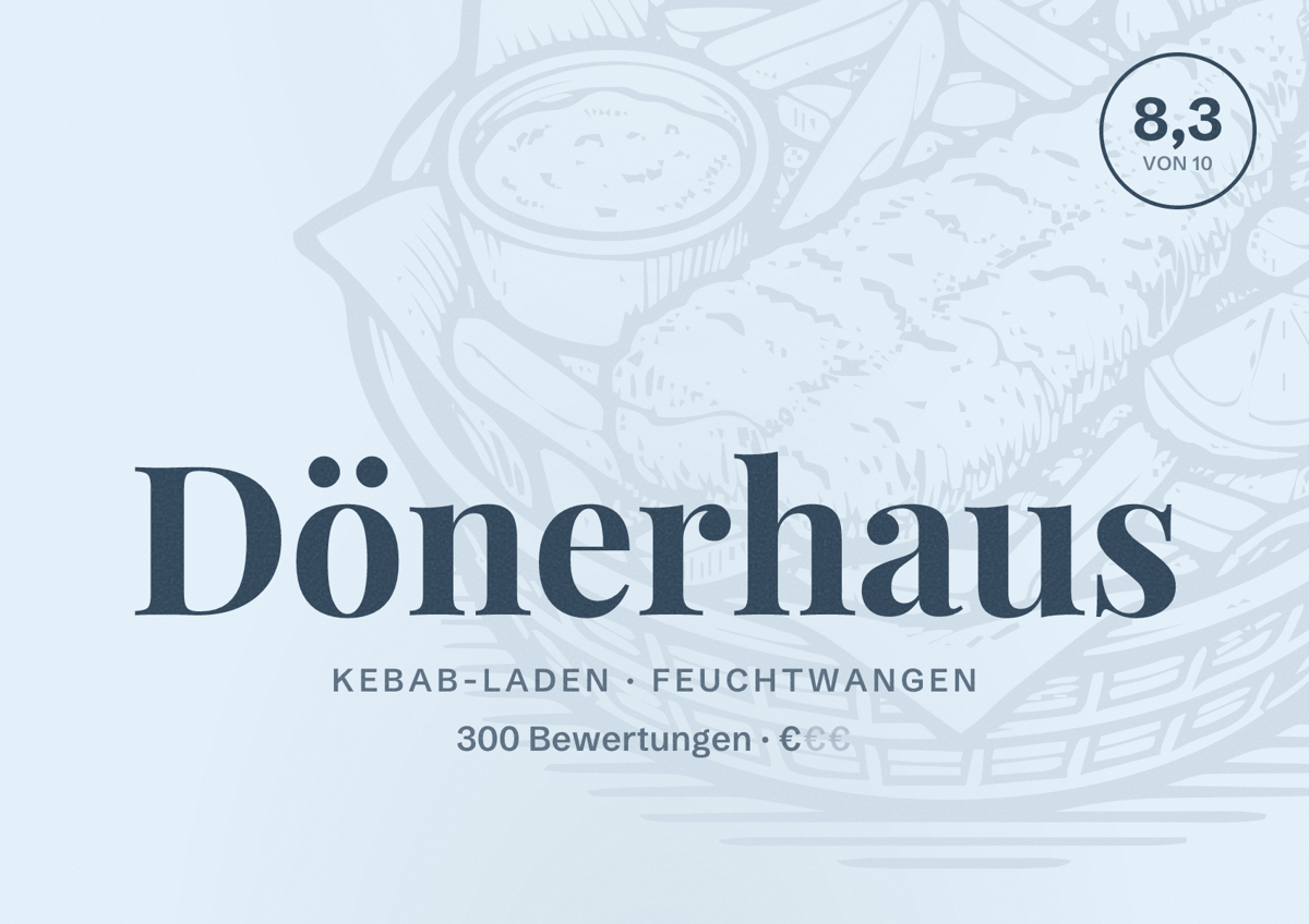 Illustriertes Poster von Dönerhaus, Kebab-Laden in Feuchtwangen: Bewertung 8,3 von 10 aus 300 Bewertungen, Preisniveau €
