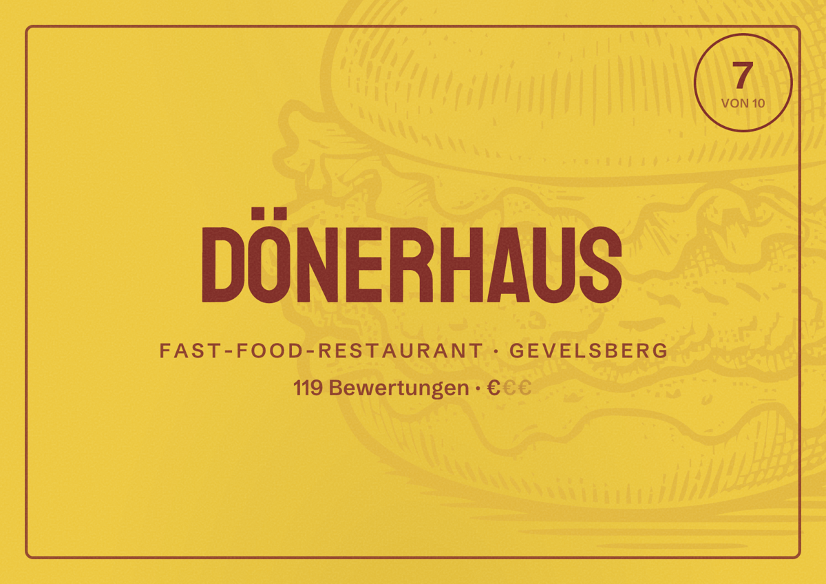 Illustriertes Poster von Dönerhaus, Fast-Food-Restaurant in Gevelsberg: Bewertung 7 von 10 aus 119 Bewertungen, Preisniveau €